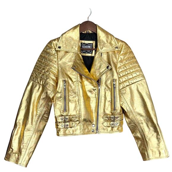 Women's Gold Metallic Style Genuine Leather Jacket - Sz: XXS - Picture 1 of 8